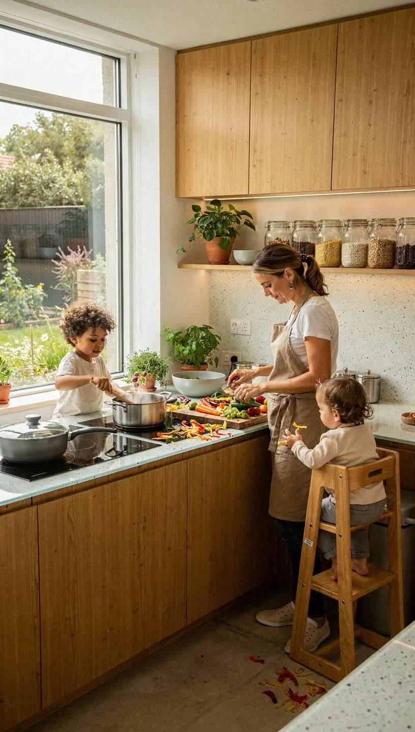 Familie genießt den Garten eines nachhaltig gebauten Hauses in den Alpen.