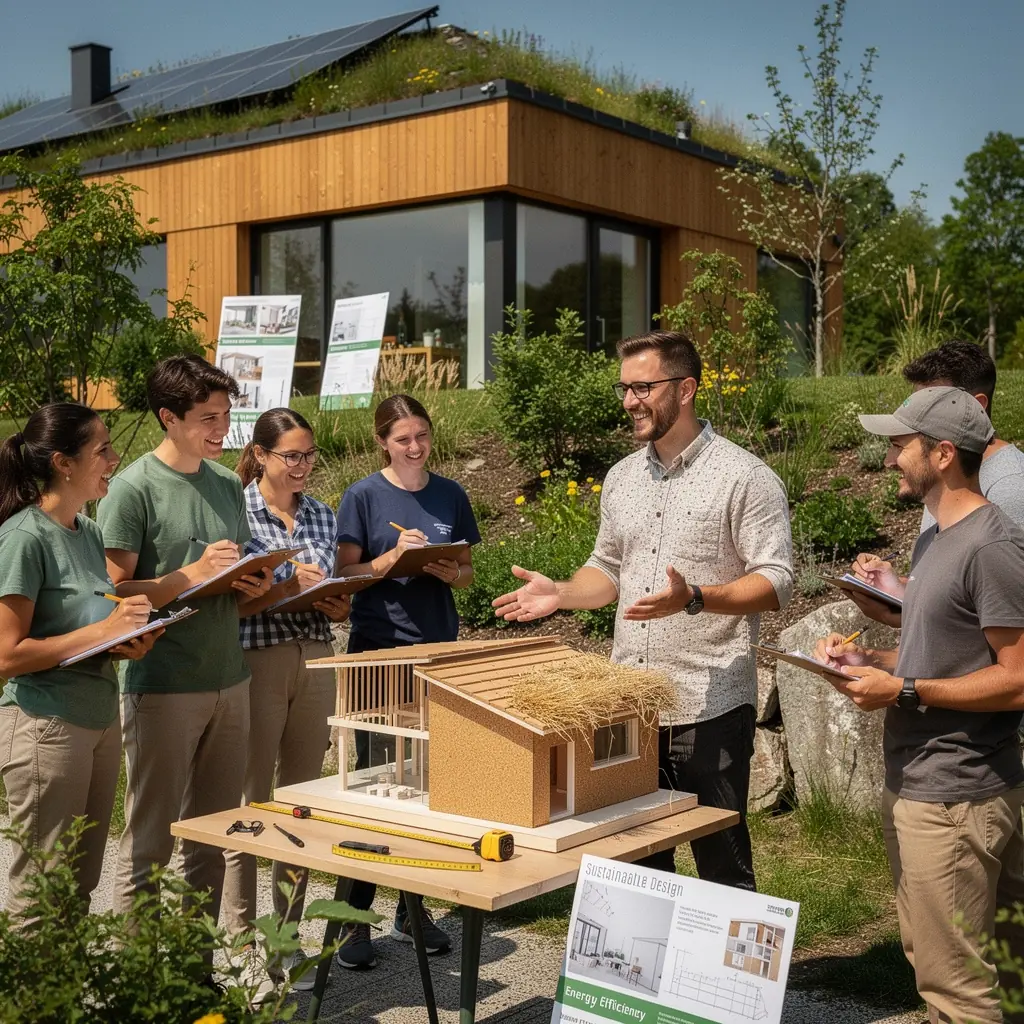 Nachhaltige Bauweise mit Solarpanelen auf dem Dach und begrГјnten AuГџenanlagen.