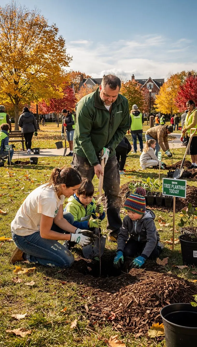 Familie genieГџt den Garten eines umweltfreundlichen Hauses in einer ruhigen Nachbarschaft.