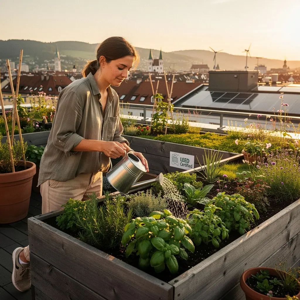 Innenansicht eines nachhaltigen Hauses mit natürlichen Holzoberflächen und viel Tageslicht.